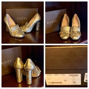 Gucci Metallic Calfskin Galassia Fringe High Heel Loafer